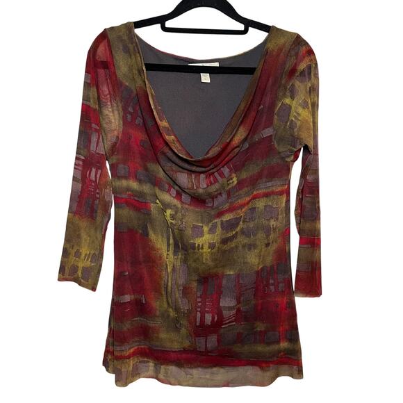 Anthropologie Weston Wear Mesh Cowl Neck Top Red Yellow Size Large 90s Y2K Boho - Picture 1 of 9